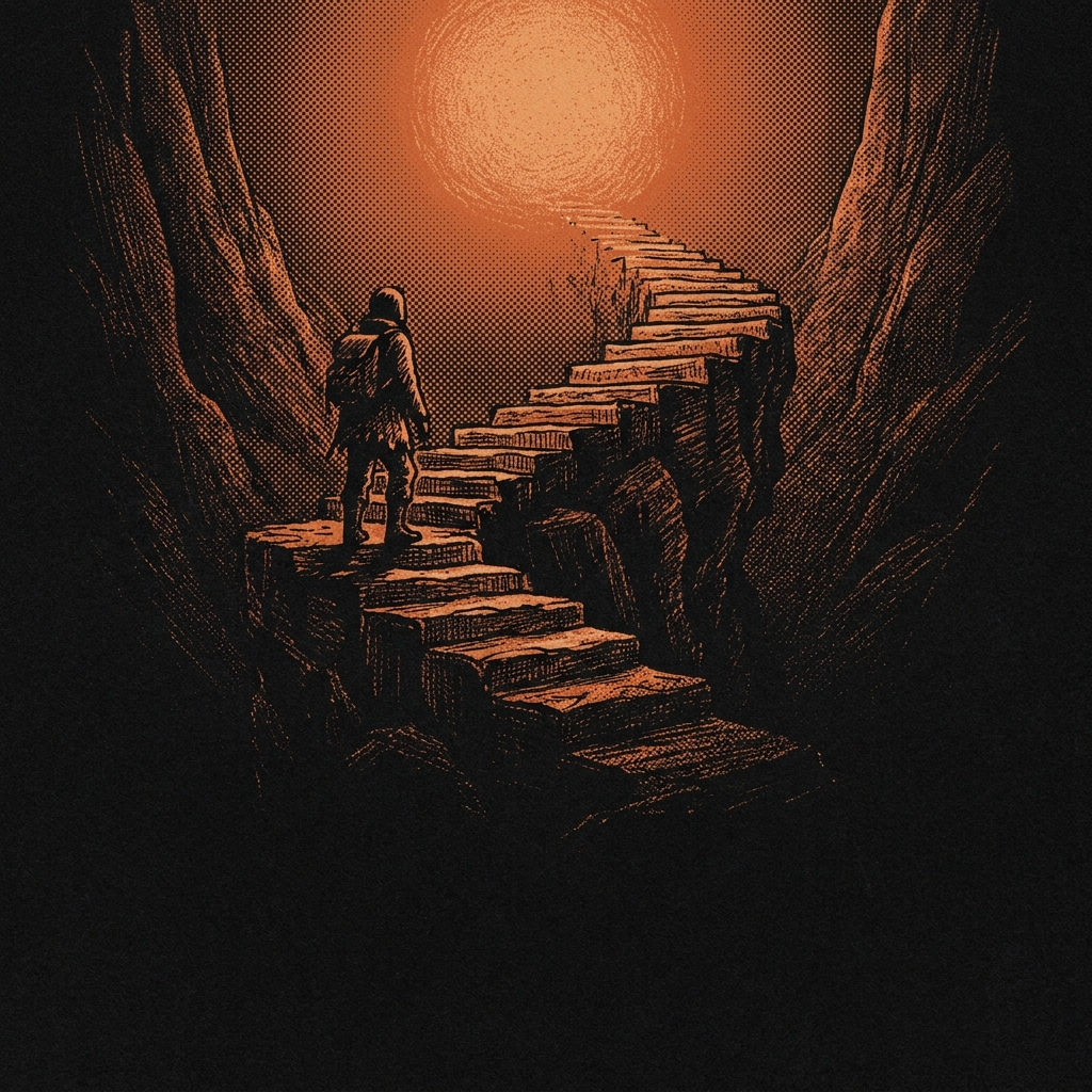 A figure climbing stone steps toward a glowing sun