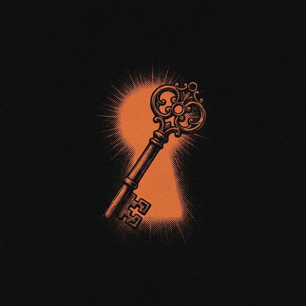 A key turning in a glowing keyhole
